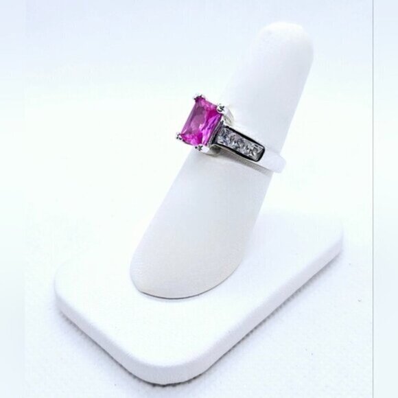 Hot Pink Cubic Zirconia Silver Tone Fashion Ring - Picture 4 of 8